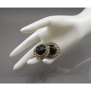 Large Vintage 1950s Clip On Statement Earrings - French Jet (Black Glass) and Rhinestones - Button Style