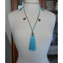 Load image into Gallery viewer, Vintage Amulet Style Fashion Necklace - Tassels and Chinese Coin Replicas - Turquoise, Wood and Glass Beads - Aqua, Blue, Green, Tan, Bronze, Gold