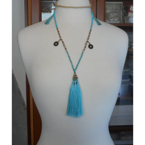 Vintage Amulet Style Fashion Necklace - Tassels and Chinese Coin Replicas - Turquoise, Wood and Glass Beads - Aqua, Blue, Green, Tan, Bronze, Gold