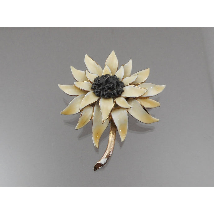 Vintage 1950s HAR Hargo Flower Brooch Pin - Off White Enamel with Black Crystals / Rhinestones, Gold Tone - Mid Century Signed Designer Costume Jewelry