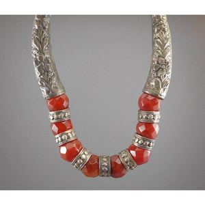 Vintage Handmade Syrian* Middle Eastern Necklace Red Quartz, possibly Carnelian Chalcedony Stone and Silver Metal Beads