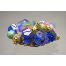 Load image into Gallery viewer, Large Vintage German Givre Glass Cluster Brooch - Carved Art Glass, Flocked Metal and Plastic Beads on Gold Tone Brass Filigree Pin - Blue Green Pink - West Germany