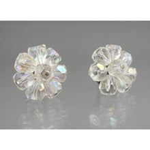 Load image into Gallery viewer, Vintage 1950s Iridescent Glass Cluster Clip On Earrings - AB Aurora Borealis Crystal Beads - Daisy Flower Design