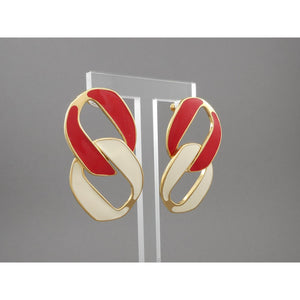 Pristine Vintage Monet Chain Link Earrings - Red and Off White Enamel, Gold Tone - Posts for Pierced Ears - Circa 1970 - Signed, Designer, Estate Collection Jewelry