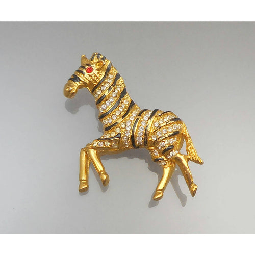 Vintage Retro Zebra Brooch Pin Red Rhinestone Eye Black Stripe on Gold Tone Metal Animal Jewelry