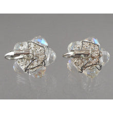 Load image into Gallery viewer, Excellent Vintage 1950s Signed Laguna Iridescent Clear Glass Cluster Clip On Earrings - AB Aurora Borealis Crystal Beads on Silver Filigree - Flower Design