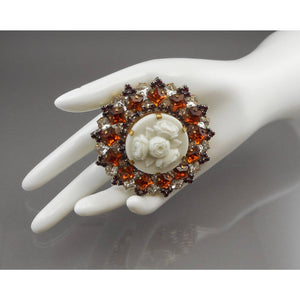 Large Antique or Vintage Czech Pressed Glass Floral Cameo Brooch with Roses - Gold Tone and Rhinestone Pin - Faux Topaz and Ruby Stones