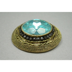 Vintage 1950s HAR Hargo Faux Aquamarine Brooch - Large Blue Green Rhinestone, Gold Tone Signed Designer Pin