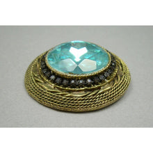 Load image into Gallery viewer, Vintage 1950s HAR Hargo Faux Aquamarine Brooch - Large Blue Green Rhinestone, Gold Tone Signed Designer Pin