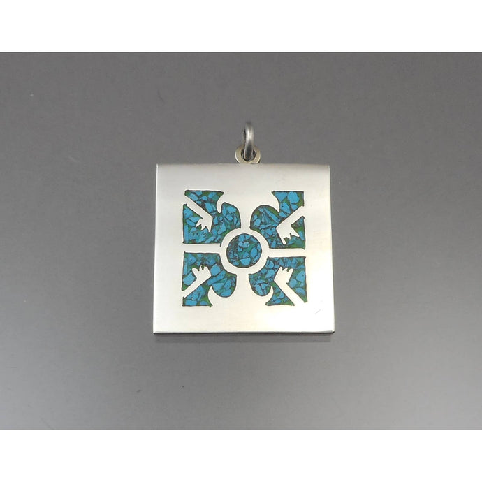 Vintage Taxco Mexican Artisan Turquoise Pendant - Sterling Silver with Inlaid Crushed Stone - Hand Made, Signed JGC with Eagle Mark