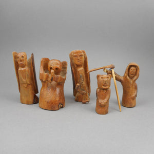 Antique or Vintage Carved Primitive Wood Folk Art Figures - Angels, Grim Reaper - Collection of 5 Hand Whittled Carvings