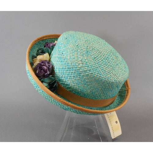 Vintage Makins New York Ladies Green Straw Hat - Easter Spring and Summer with Silk Flowers - Turquoise Tan and Purple - Saks Fifth Avenue Tag