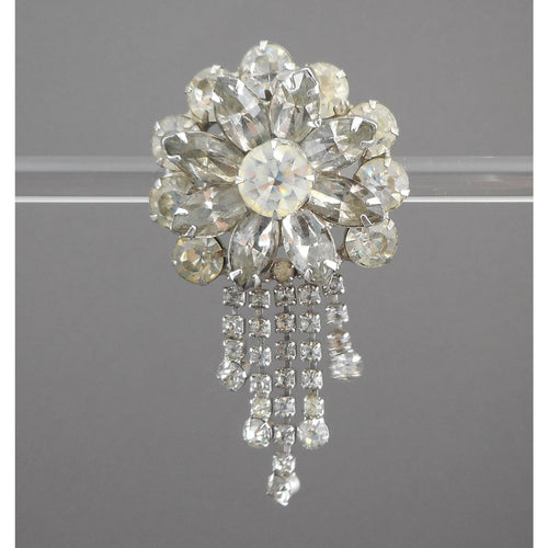 Large Vintage 1950s Rhinestone Dangle Brooch / Pendant - Flower Pin with Chain Fringe - Silver Tone, Clear Round and Marquise Stones