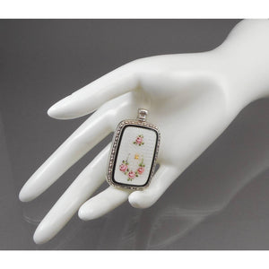 Antique or Vintage Rose and Bee Perfume Flask - Guilloche Enamel and Sterling Silver Bottle - French Style Floral - White, Black, Pink  - Early 20th Century by Webster
