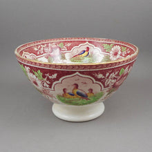 Load image into Gallery viewer, Antique or Vintage French Footed Cafe au Lait Bowl - Red and Polychrome Transferware Pottery Marked PV France - Quail Pattern