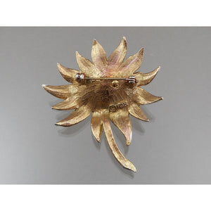 Vintage 1950s HAR Hargo Flower Brooch Pin - Off White Enamel with Black Crystals / Rhinestones, Gold Tone - Mid Century Signed Designer Costume Jewelry