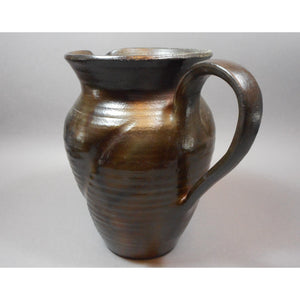 Gudrun Halldorsdottir Ceramic Pitcher, Iceland, 1996 - Hand Thrown Artisan Pottery - Brown, Green Earth Tone and Gunmetal Metallic Glaze