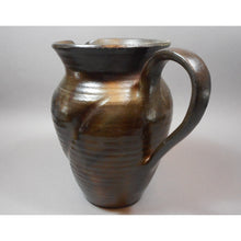 Load image into Gallery viewer, Gudrun Halldorsdottir Ceramic Pitcher, Iceland, 1996 - Hand Thrown Artisan Pottery - Brown, Green Earth Tone and Gunmetal Metallic Glaze