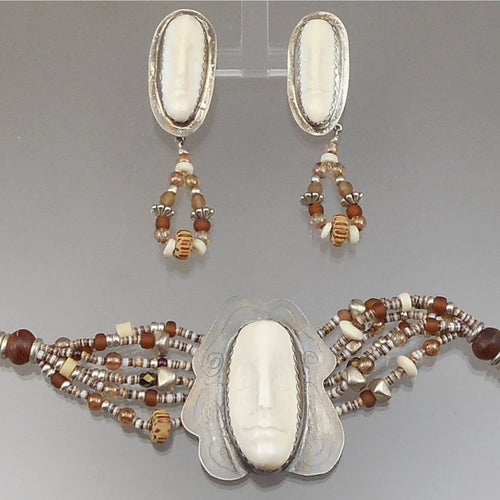 Vintage Candy Caldwell Artisan Crafted Jewelry Set - Bracelet and Earrings - Hand Carved Masks / Faces, Sterling Silver, Beads - Made in Southwestern USA