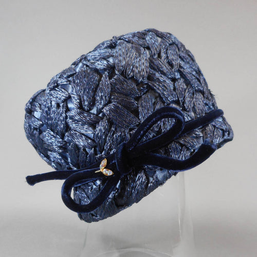 Vintage 1960s Mr. John Sophisticate Ladies Hat - Navy Blue Cellophane Straw / Cello Weave Raffia - Velvet Cord and Rhinestone Leaf Pin - Easter Spring and Summer