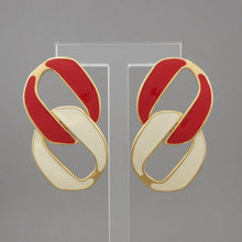 Load image into Gallery viewer, Pristine Vintage Monet Chain Link Earrings - Red and Off White Enamel, Gold Tone - Posts for Pierced Ears - Circa 1970 - Signed, Designer, Estate Collection Jewelry