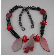 Load image into Gallery viewer, Vintage Resin Bird and Leaf Jewelry Set - Dangle Earrings and Necklace - Red and Black Beads - Southwestern Style - Estate Collection Jewelry