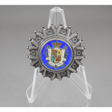 Load image into Gallery viewer, Antique Victorian Era Silver Coin Brooch - Enameled William IV 1836 Half Crown Replica - Sterling or Coin Silver * - Cobalt Blue, White and Green