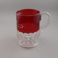 Load image into Gallery viewer, Large Antique 1892 Souvenir Ruby Red Flash Pressed Glass Etched Tillie Mug Cup