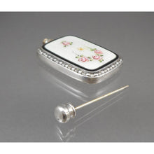 Load image into Gallery viewer, Antique or Vintage Rose and Bee Perfume Flask - Guilloche Enamel and Sterling Silver Bottle - French Style Floral - White, Black, Pink  - Early 20th Century by Webster