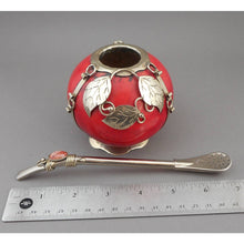 Load image into Gallery viewer, Vintage Handmade Argentinian Footed Tea Gourd and Bombilla Straw - Red Yerba Mate Cup with Alpaca Silver Foot and Leaf Decoration - Rhodochrosite Gemstone