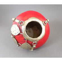 Load image into Gallery viewer, Vintage Handmade Argentinian Footed Tea Gourd and Bombilla Straw - Red Yerba Mate Cup with Alpaca Silver Foot and Leaf Decoration - Rhodochrosite Gemstone