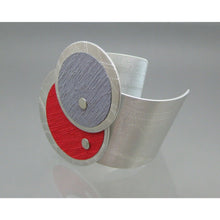 Load image into Gallery viewer, Vintage Modern Handmade Angeles Flor Argentinian Artisan Jewelry Cuff Bracelet - Silk and Recycled Aluminum Bracelet - Tagged CAC Store Circo Tierras - Silver Gray Red Fabric