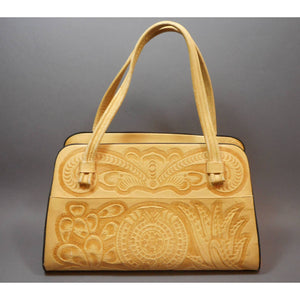 Vintage 1970s Mexican Handbag - Hand Tooled Leather, Cow Hide, Mayan Calendar and Flower Designs - Large Top Handle Purse - Pale Yellow and Brown
