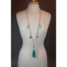 Load image into Gallery viewer, Vintage Amulet Style Fashion Necklace - Tassels and Chinese Coin Replicas - Turquoise, Wood and Glass Beads - Aqua, Blue, Green, Tan, Bronze, Gold