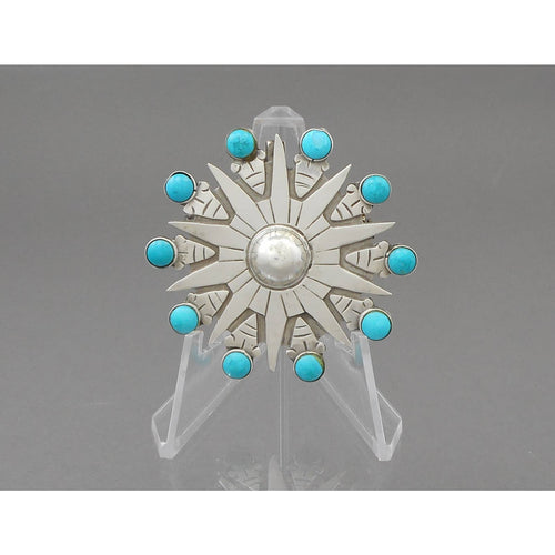 Vintage Taxco Mexican Artisan Brooch (was) / Pendant - Sterling Silver and Turquoise Pin - Sun Design - Hand Made, Signed with Eagle and MMC Marks