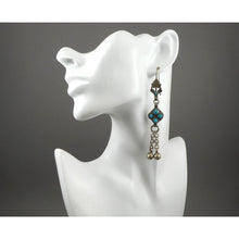 Load image into Gallery viewer, Antique or Vintage Middle Eastern Artisan Turquoise and Silver Dangle Earrings - Chains and Bell Beads with Flower and Leaf Design - Wires for Pierced Ears - Handmade Ethnic, Tribal, Bedouin Jewelry