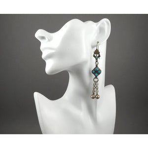 Antique or Vintage Middle Eastern Artisan Turquoise and Silver Dangle Earrings - Chains and Bell Beads with Flower and Leaf Design - Wires for Pierced Ears - Handmade Ethnic, Tribal, Bedouin Jewelry