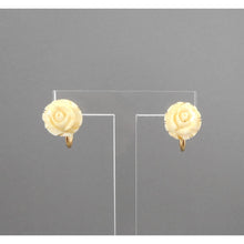 Load image into Gallery viewer, Vintage Victorian Revival Style Bojar Earrings - 12K Gold Filled, Faux Carved Ivory - Rose Flower Design - Screw-On Backings, For Non Pierced Ears