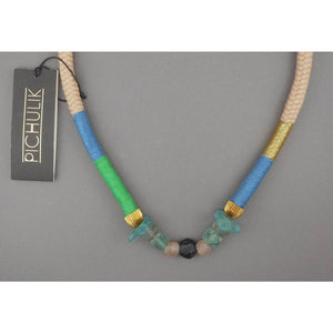 Pichulik South African Necklace - Brass, Rope, Cord - Green and Blue Glass Beads - Multi Color Statement Piece - New Old Stock with Tag