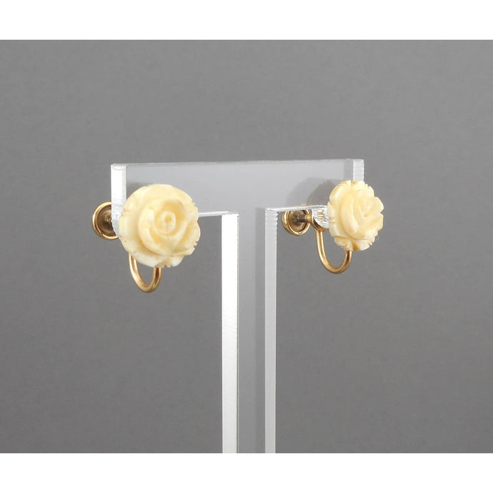 Vintage Victorian Revival Style Bojar Earrings - 12K Gold Filled, Faux Carved Ivory - Rose Flower Design - Screw-On Backings, For Non Pierced Ears