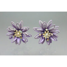 Load image into Gallery viewer, Vintage 1950s Enamel Flower Earrings Purple and White Clip Ons with AB Rhinestones Mid Century Era Daisy or Chrysanthemum Design