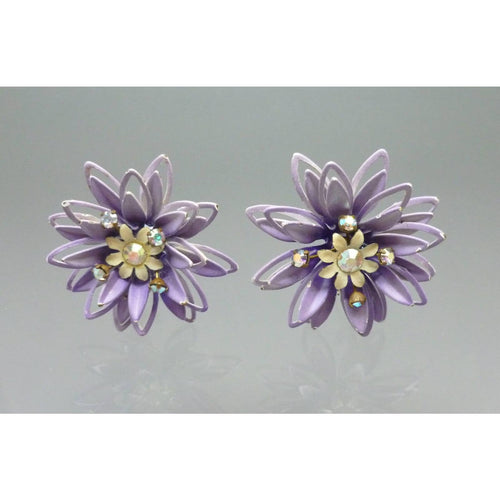 Vintage 1950s Enamel Flower Earrings Purple and White Clip Ons with AB Rhinestones Mid Century Era Daisy or Chrysanthemum Design