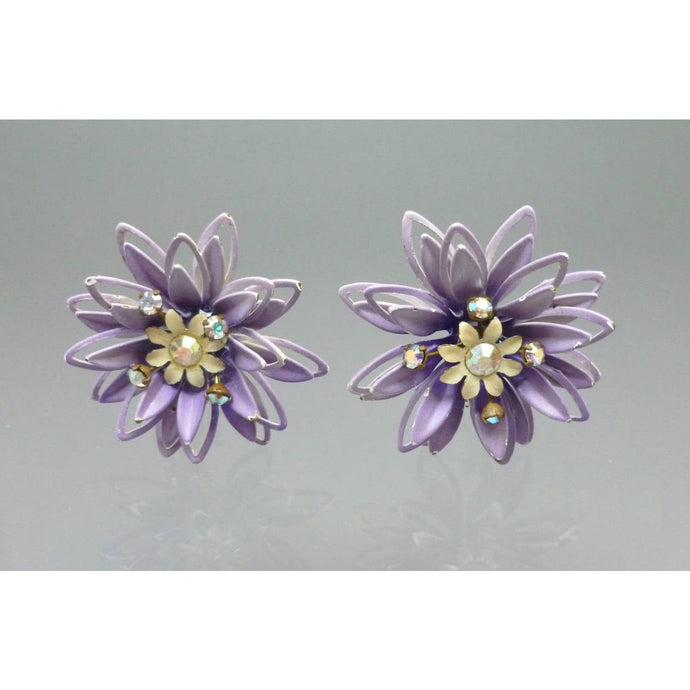 Vintage 1950s Enamel Flower Earrings Purple and White Clip Ons with AB Rhinestones Mid Century Era Daisy or Chrysanthemum Design