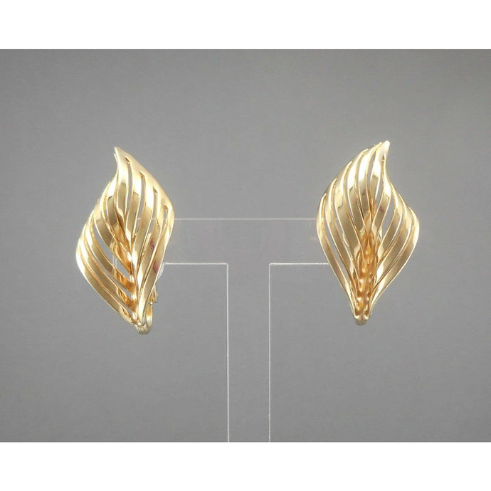 Vintage Napier Clip On Modernist Leaf Design Earrings Gold Tone Signed Excellent