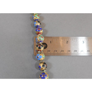 Vintage Cloisonne Enamel Chinese Bead Matinee Length Necklace Gold Green Blue Red Flower