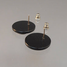 Load image into Gallery viewer, Vintage Modern Post Pierced Earrings - Black Glass Disc with Silver Tone Metal - Button Style 1980s
