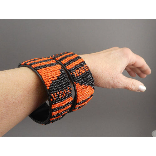 Pair of Vintage Zulu African Maasai Beaded Bracelets - Orange and Black Glass Seed Bead Stacking Bangles - Handmade Ethnic, Tribal, Jewelry