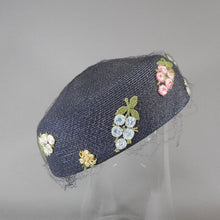 Load image into Gallery viewer, Vintage 1950s Evelyn Varon Exclusive Ladies Pillbox Hat - Navy Blue Straw with Net Veil and Flower Appliques - Easter Spring and Summer - Blue, Pink, Yellow, Green and Purple