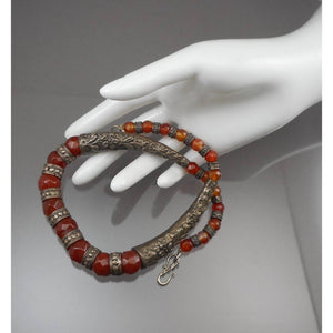 Vintage Handmade Syrian* Middle Eastern Necklace Red Quartz, possibly Carnelian Chalcedony Stone and Silver Metal Beads