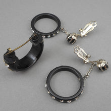 Load image into Gallery viewer, Vintage Earring Pin Jewelry Set - Brooch / Scarf Holder with C Clasp and Clip On Dangle Hoops - Early Black Plastic with Rhinestones